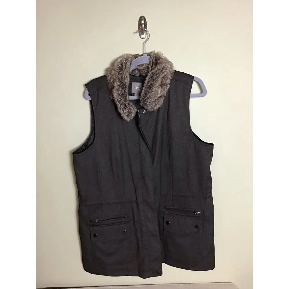 J Jill Women Vest with Fur Trim Collar Sz. Lrg Brown EUC Winter layering piece